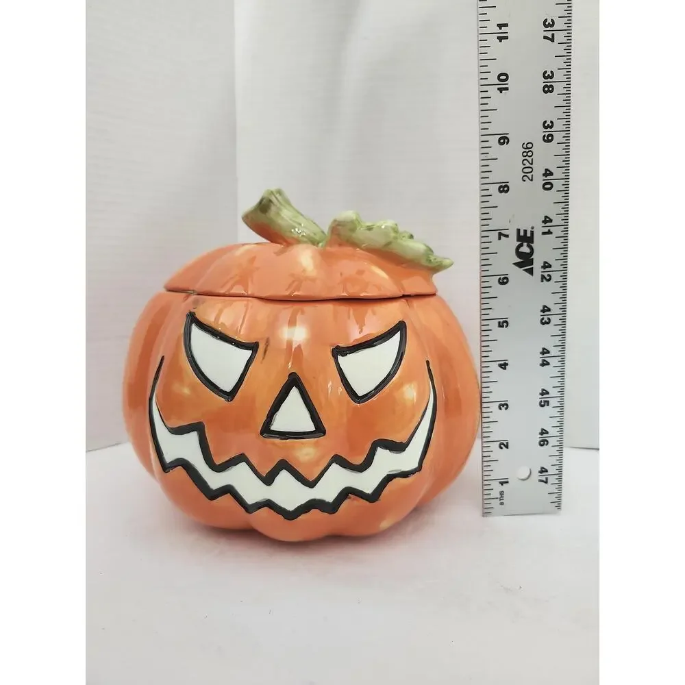 David's Cookies Halloween Pumpkin Ceramic Cookie Jar Jack O Lantern 2 Sided